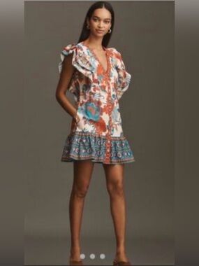 FARM Rio Anthropologie Tropical Ruffle Sleeve Mini Dress NWT XSP